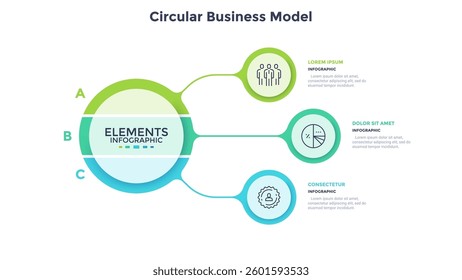 Round pie chart split into 3 parts. Concept of model with three features of business project to compare. Simple flat infographic vector illustration for information analysis, presentation, report.