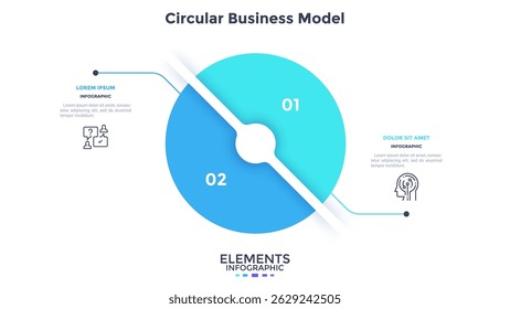 Round pie chart split into 2 equal parts. Concept of model with two features of business project to compare. Simple flat infographic vector illustration for information analysis, presentation, report.