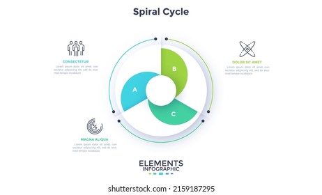 Diagrama circular o gráfico cíclico espiral dividido en tres sectores. Concepto de 3 etapas del proyecto de inicio. Simple plantilla de infografía plana. Ilustración vectorial moderna para informe de visualización de datos.