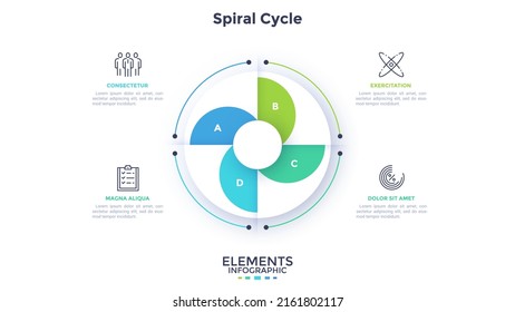 Round pie diagram or spiral cyclic chart divided into four sectors. Concept of 4 stages of startup project. Simple flat infographic template. Modern vector illustration for data visualization report.