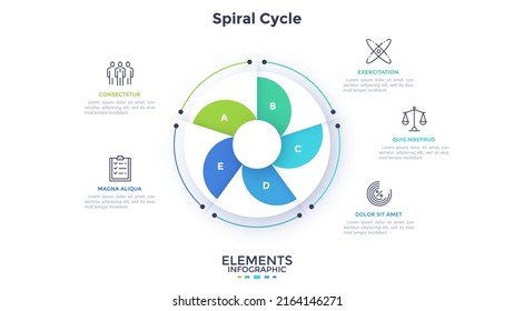 Diagrama circular o gráfico cíclico espiral dividido en cinco sectores. Concepto de 5 etapas del proyecto de inicio. Simple plantilla de infografía plana. Ilustración vectorial moderna para informe de visualización de datos.