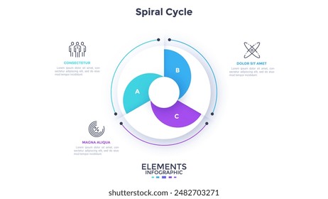 Diagrama circular circular o gráfico cíclico en espiral dividido en tres sectores. Concepto de 3 etapas de proyecto de inicio. Simple Plantilla infográfica plana. Ilustración vectorial moderna para el informe de visualización de datos.