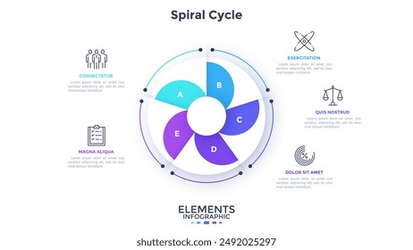 Round pie diagram or spiral cyclic chart divided into five sectors. Concept of 5 stages of startup project. Simple flat infographic template. Modern vector illustration for data visualization report.