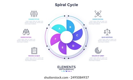 Round pie diagram or spiral cyclic chart divided into six sectors. Concept of 6 stages of startup project. Simple flat infographic template. Modern vector illustration for data visualization report.