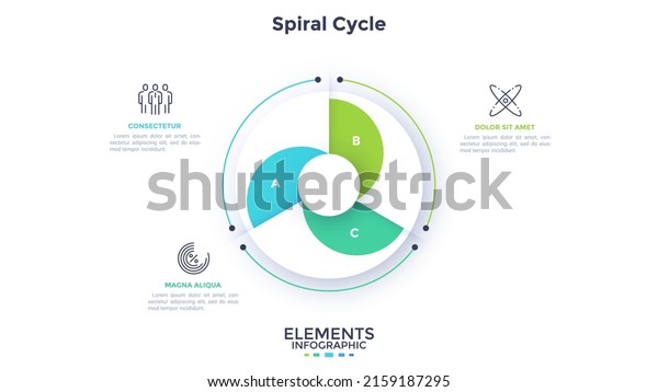 Round pie diagram or spiral cyclic chart divided\
into three sectors. Concept of 3 stages of startup project. Simple\
flat infographic template. Modern vector illustration for data\
visualization report.