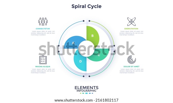 Round pie diagram or spiral cyclic chart divided\
into four sectors. Concept of 4 stages of startup project. Simple\
flat infographic template. Modern vector illustration for data\
visualization report.