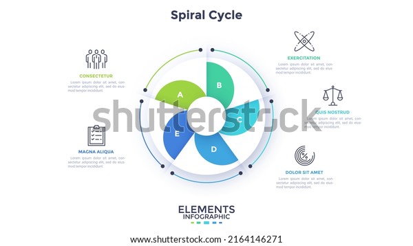 Round pie diagram or spiral cyclic chart divided\
into five sectors. Concept of 5 stages of startup project. Simple\
flat infographic template. Modern vector illustration for data\
visualization report.