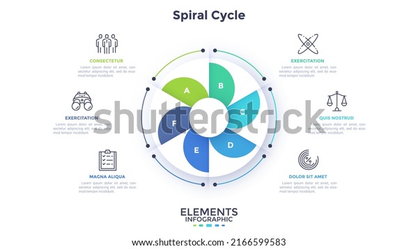 Round pie diagram or spiral cyclic chart divided\
into six sectors. Concept of 6 stages of startup project. Simple\
flat infographic template. Modern vector illustration for data\
visualization report.