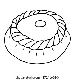 Recorte redondo, borde del trenzado.Pastelería dibujada en el estilo Doodle.Imagen en blanco y negro.Monocromo.Dibujo de esquema a mano.Coloración.Imagen vectorial