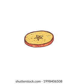 Pieza redonda de manzana cortada, grabando ilustración vectorial de color aislada en fondo blanco. Imagen de producto de postre vegetariano sano de manzana en estilo pintado a mano.