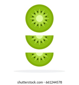 Round piece of kiwi and two wedges of kiwi vector flat material design isolated on white