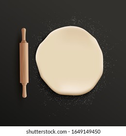 Round piece of realistic dough and wooden rolling pin lying on black table surface sprinkled with flour. Pizza or cookie dough from top view - vector illustration.