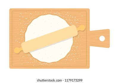 Round piece of rolled dough for pizza on a wooden board with a wooden rolling pin vector flat material design isolated on white