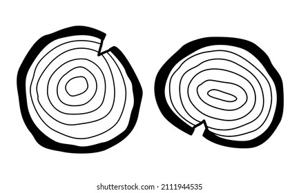 Round pieces of wood with rings vector illustration. Hand drawn wooden slab icons. Cut slices of trees. Outline doodle silhouette