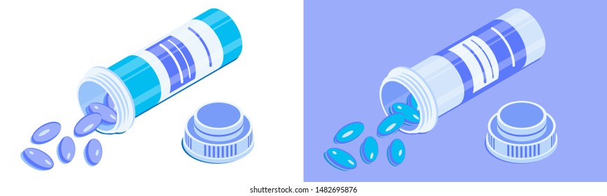 Frasco de pílula redonda com tampa aberta e pílulas espalhadas. Mentindo frasco de remédios. Ilustração de vetor isométrico. Isolado sobre fundo branco e violeta