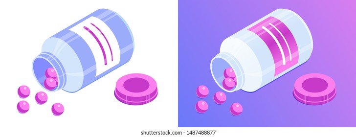 Round pill bottle with open lid and scattered round pills of pink. Lying medicine jar. Isometric vector illustration. Isolated on white and on gradient background