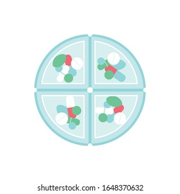 Round pill box.Tablets and capsules in a plastic organizer.Medical care, weekly and daily medication.Medical concept, treatment, pain relief.Night, morning, day, evening.Flat vector illustration