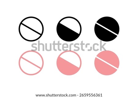 Round pill icons with diagonal score line in solid, outline, and pastel styles representing pharmaceutical tablets, medication dosage, and healthcare treatment concepts