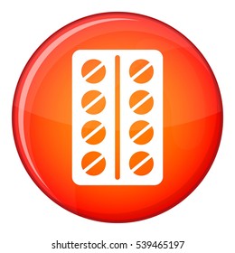 Round pills in a blister pack icon in red circle isolated on white background vector illustration