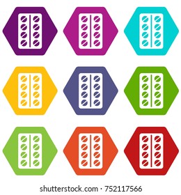 Round pills in a blister pack icon set many color hexahedron isolated on white vector illustration