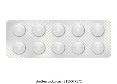 Round Pills in a blister pack for illness and pain treatment. Medical drug package for tablet: vitamin, antibiotic, aspirin. Realistic mock-up of packaging. 3d Vector illustration isolated on white