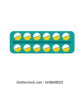 Round pills in blister package isolated. Flat style. Antibiotic therapy. Medicament vitamins. Pneumonia and coronavirus treatment. Tablet drugs. Health care and pharmacy. Web design. Painkiller
