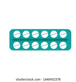Round pills in blister package isolated. Flat style. Antibiotic therapy. Medicament vitamins. Pneumonia and coronavirus treatment. Tablet drugs. Health care and pharmacy. Web design. Painkiller