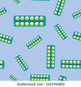 Round pills in blister package. Seamless pattern. Green, white and yellow. Light blue background. Medical ornament. Flat style. Coronavirus and pneumonia treatment. Antibiotic therapy. Pharmacy