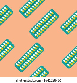 Round pills in blister package. Seamless pattern. Green and peach color. Medical ornament. Flat style. Coronavirus and pneumonia treatment. Antibiotic therapy. Pharmacy chemistry. Vitamins and drugs