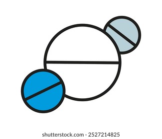 Round pills, group Tablets. Pharmacy product. Vitamins, antibiotics. Contraceptives or aspirin. Dosage Medicines, drug. Treatment. Isolated icon. Flat style with outline. Colored Vector illustration