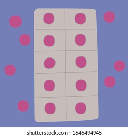 Round pills in plastic packaging. Antibiotic, vitamins, aspirin. Narcotic drugs. Flat vector illustration.