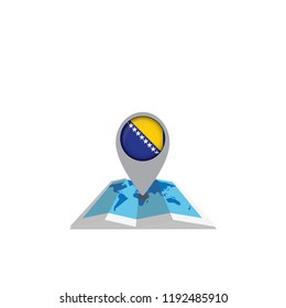 Round pin with flag of Bosnia and Herzegovina on the map