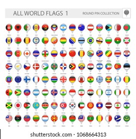 Round Pin Icons of All World Flags. Part 1. All World Flags Vector Collection.