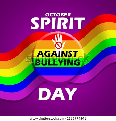 Round pin with a waving LGBT flag, hand, prohibition sign and bold text on a dark purple background to commemorate Spirit Day on October