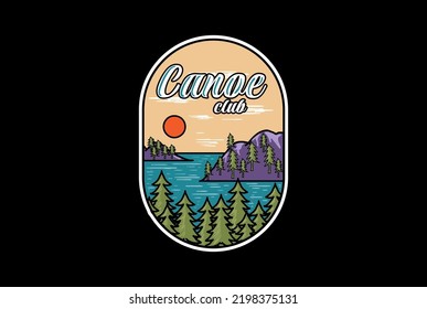 Round Pine Evergreen Spruce Conifer Larch Cypress Fir Forest with Lake Creek River Badge Emblem for Outdoor Rafting Kayaking or Canoe T Shirt Logo Design