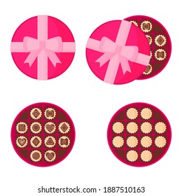 Round pink box of chocolates for Valentine's Day. Vector flat design isolated on white background.