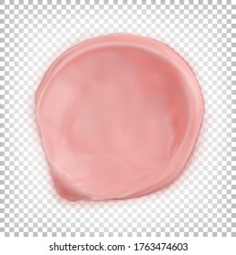 Round pink brushstroke in a top view. Smeared cream is isolated on a white transparent background. Vector 3D realistic illustration.