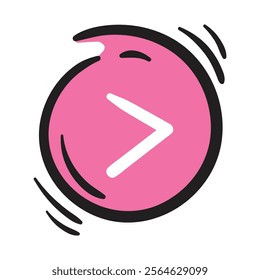Round pink button with white arrow. Simple vector element on white background. Hand drawn direction icon, play for website design, banner
