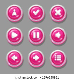 
Round pink buttons for interfaces and menus of games and applications with user icons, check mark and cross, arrows, play, pause, sound, options.