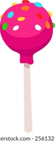 Round pink cake pop adorned with colorful sprinkles on a stick, offering a delightful and sweet treat ideal for parties, celebrations, and joyful moments