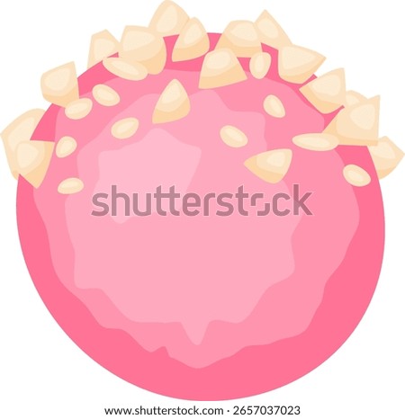 Round pink candy coated with white chocolate chips delivers a delightful and visually enticing confectionery experience, perfect for indulging in sweetness and joy