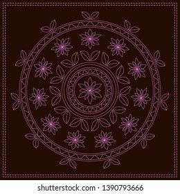 Round, pink, floral pattern of leaves, flowers and lines isolated on dark background. The outline of the mandala