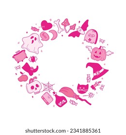 Round pink frame from bright cool elements for Halloween. Pumpkin, Skull, Ghost, Gravestone, Spider, Candy, Broom, Hat, Eye, Potion, Bone, and more. Happy holiday. Great for postcards, advertising ban