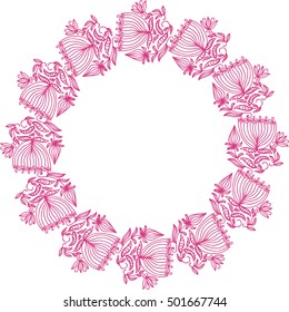 Round pink frame of flowers. Vector illustration.