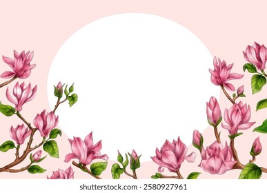 round pink frame with magnolia flowers