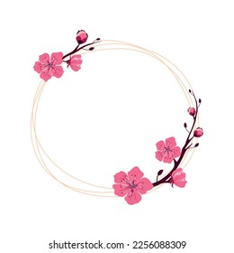 Round pink frame with spring cherry blossoms with a place for text. Vector illustration on a white background for decor and for wedding invitations
