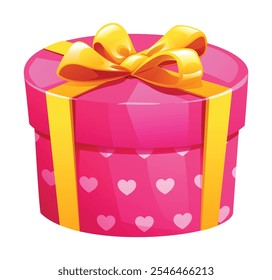 Round pink gift box with heart patterns and golden ribbon, perfect for Valentine's Day. Vector cartoon illustration