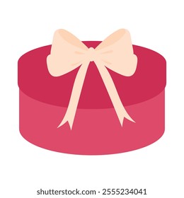 Round pink gift box with ribbon bow. Vector illustration, isolated on white background, flat style.