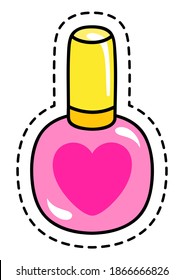 Round pink glossy nail polish bottle with yellow cap and a rose heart in front. Cartoon style packaging mockup template front view isolated on white background with dashed line. Varnish for manicure