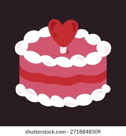 Pastel redondo de capas de color rosa con crema batida, corazones rojos y capas de chocolate sobre fondo oscuro. Ilustración de postre romántico para tarjetas de San Valentín, carteles, pegatinas, invitaciones de fiesta y redes sociales.